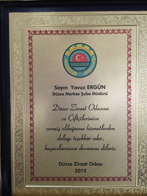 Düzce Ziraat Odası Teşekkür Belgesi